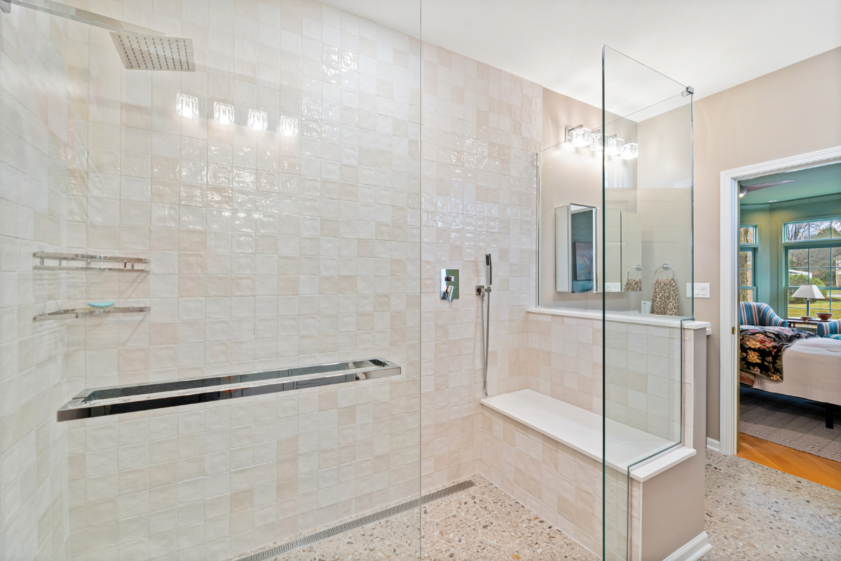 shower bench in senior friendly bathroom