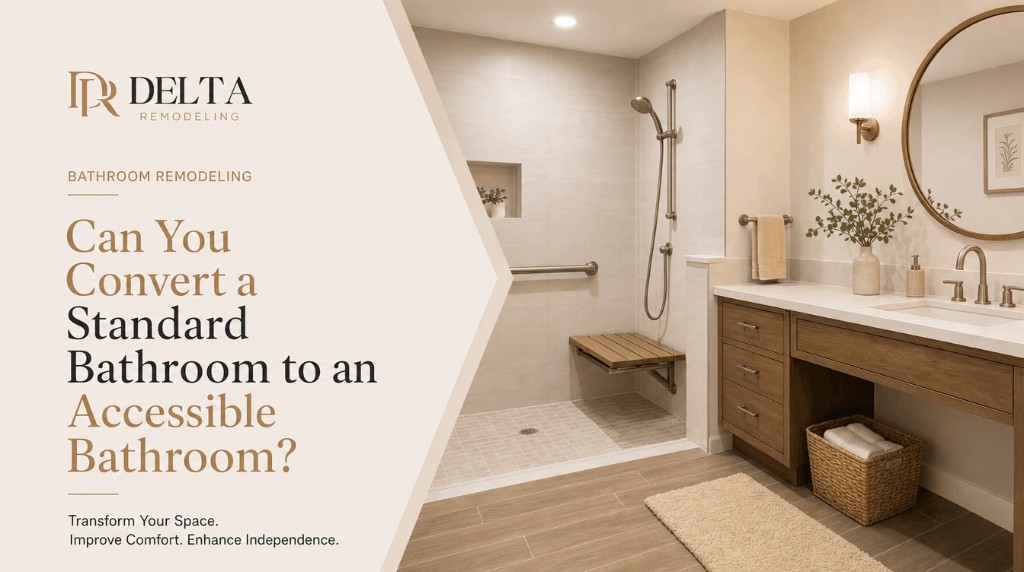 Can you convert a standard bathroom to an accessible bathroom — curbless shower with grab bars and open vanity