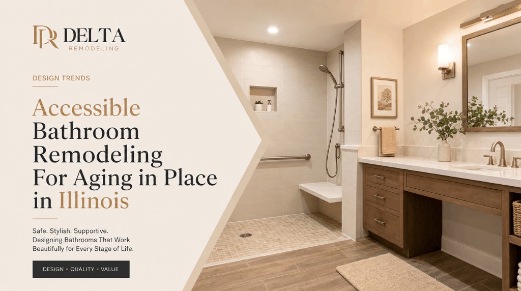 Accessible bathroom remodeling for aging in place in Illinois — walk-in shower with grab bars and open vanity by Delta Remodeling