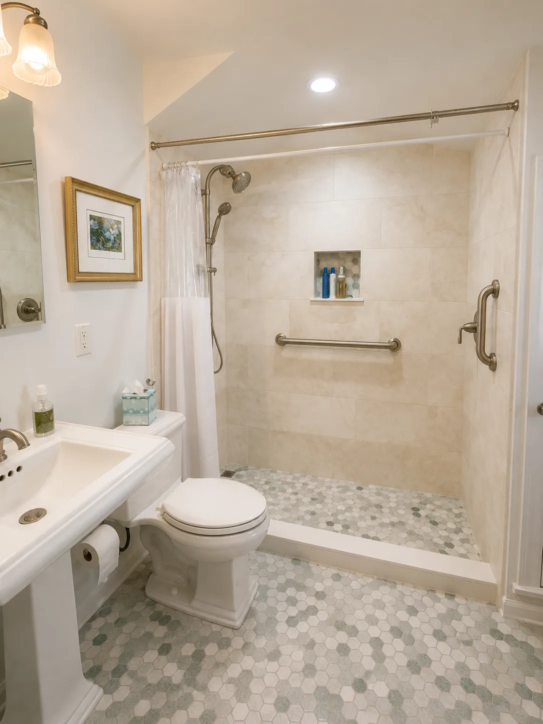 Highland Park partially accessible bathroom with a low-entry shower, support bars, handheld shower, and mosaic floor