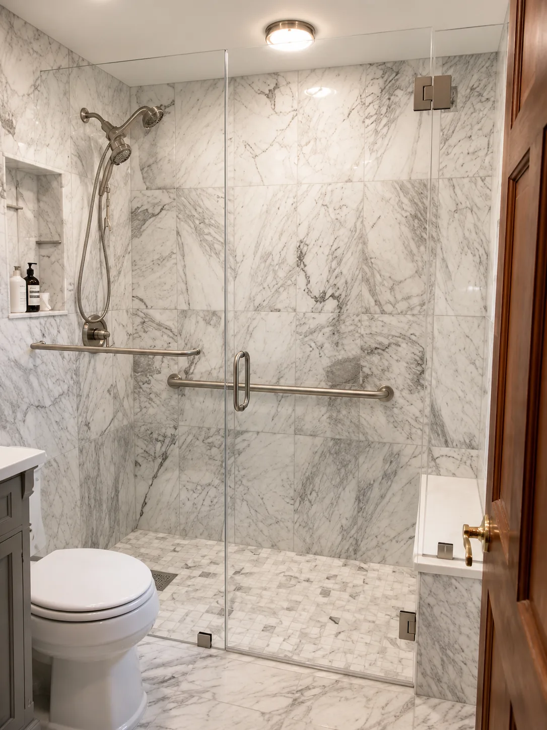 Senior-friendly marble shower in Morton Grove with grab bars, bench and handheld shower