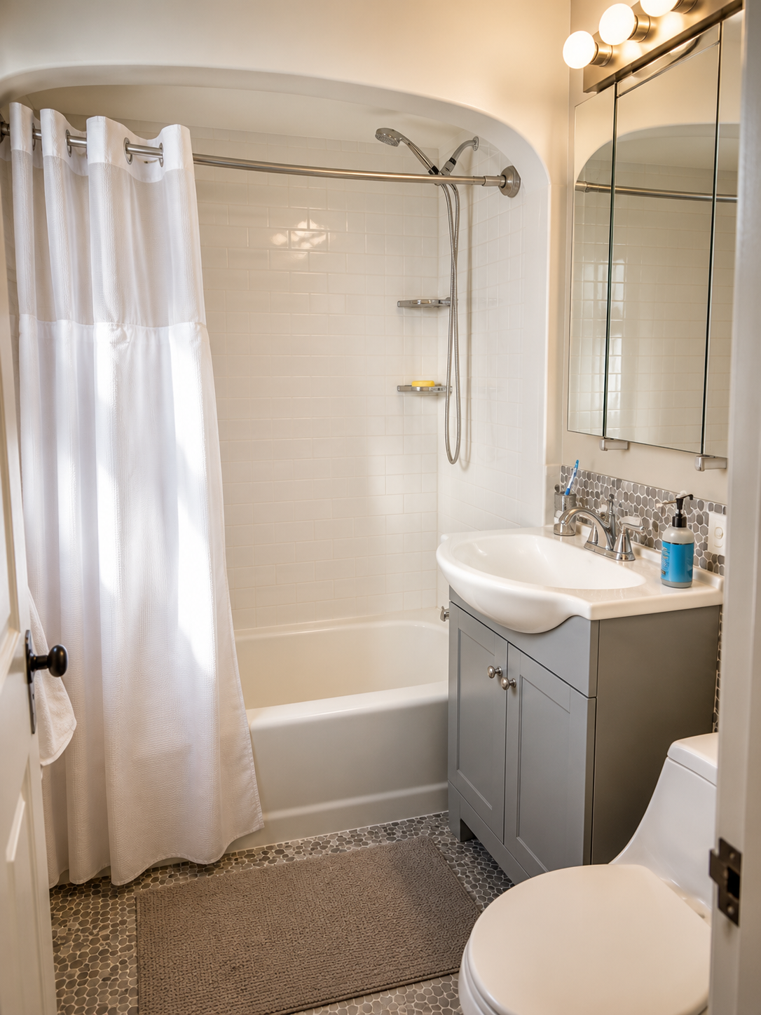 Finished Morton Grove bathroom with handheld shower and compact accessible layout