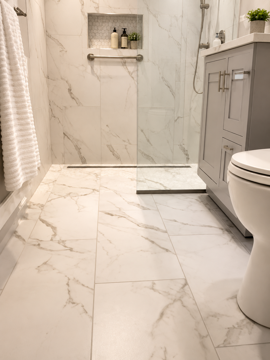 Morton Grove accessible bathroom with open shower entry and linear drain