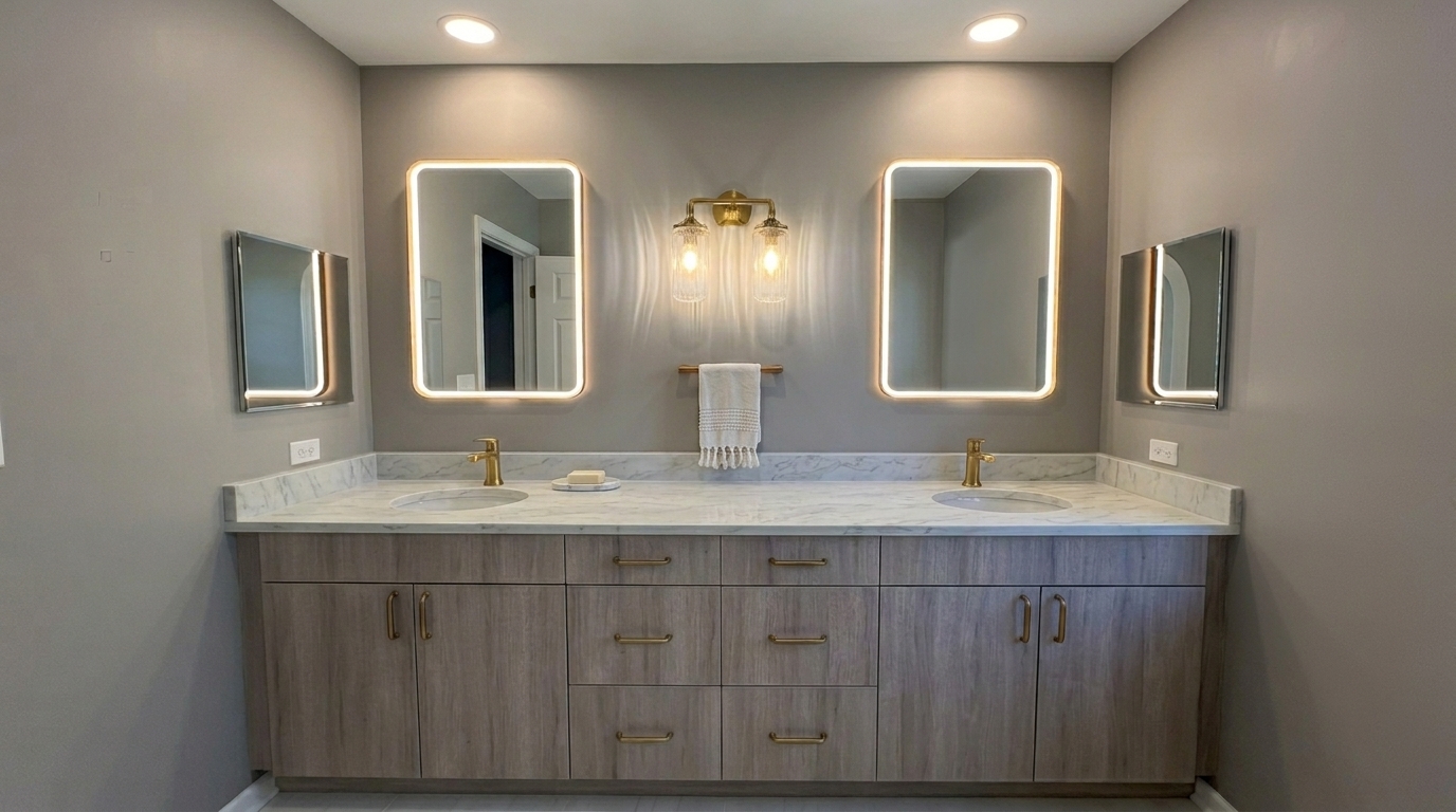Modern bathroom renovation services in Illinois. The golden fixtures with wooden raw look pinterest bathroom inspirations.