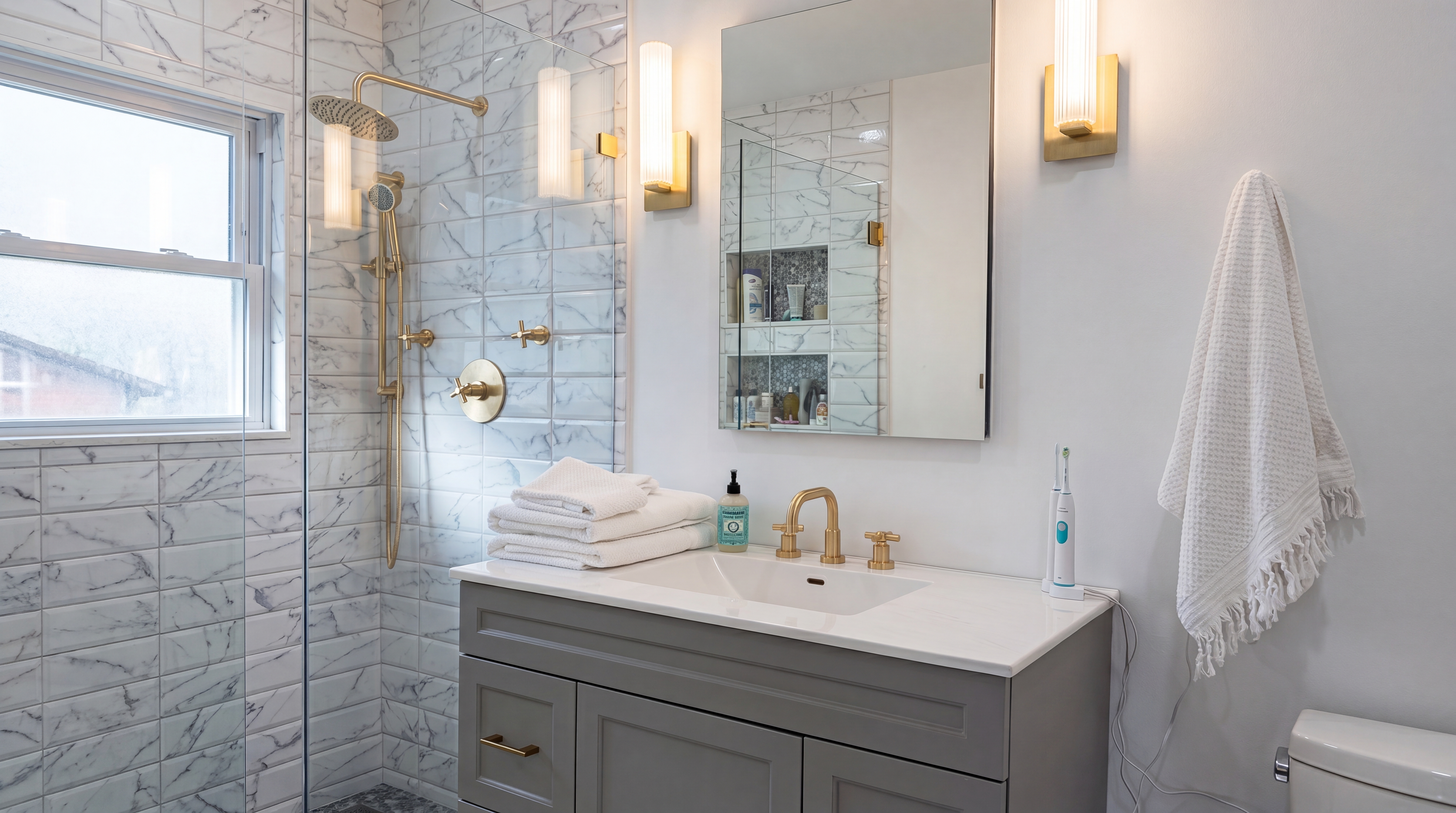 small space minimal bathroom setup with shower in Chicago best ideas