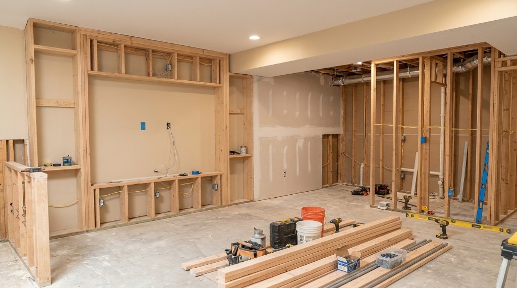 Basement entertainment center framing during Illinois remodel