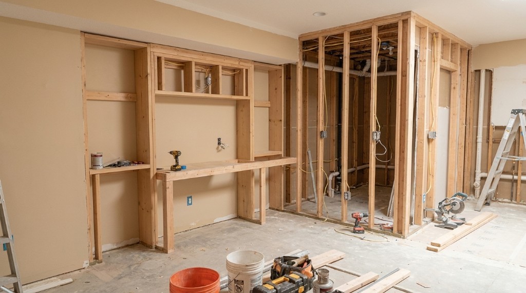 Basement home office with built-in desk framing in Illinois