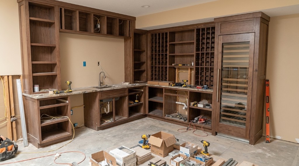 Basement wine bar and wet bar cabinetry during Illinois remodel