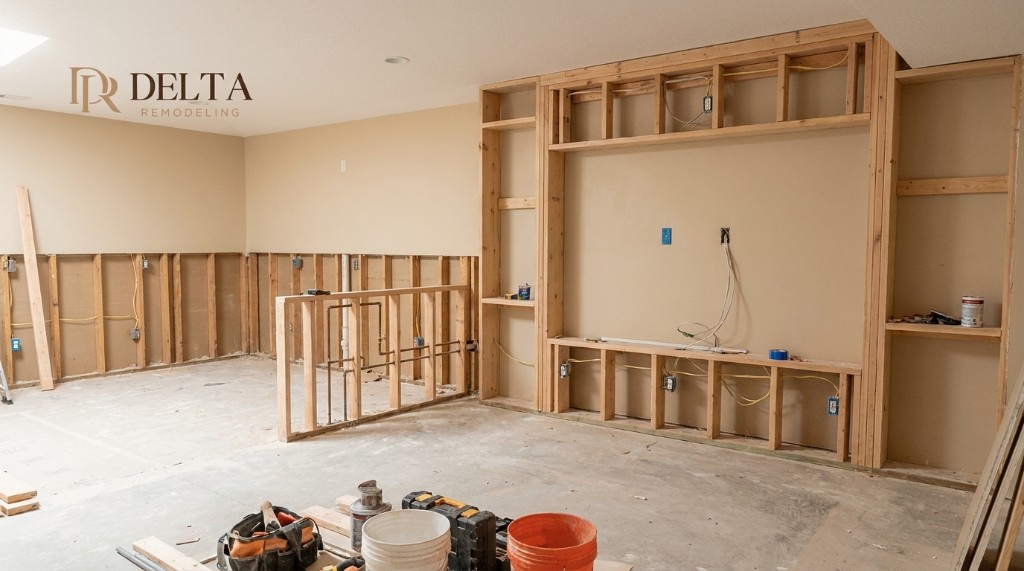 Basement media and play room framing for flexible Illinois layout