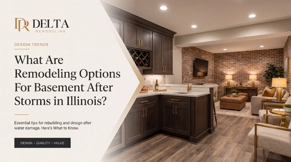 Finished basement with dark wood cabinetry, gold fixtures, and a cozy living area — Delta Remodeling storm-recovery remodeling in Illinois
