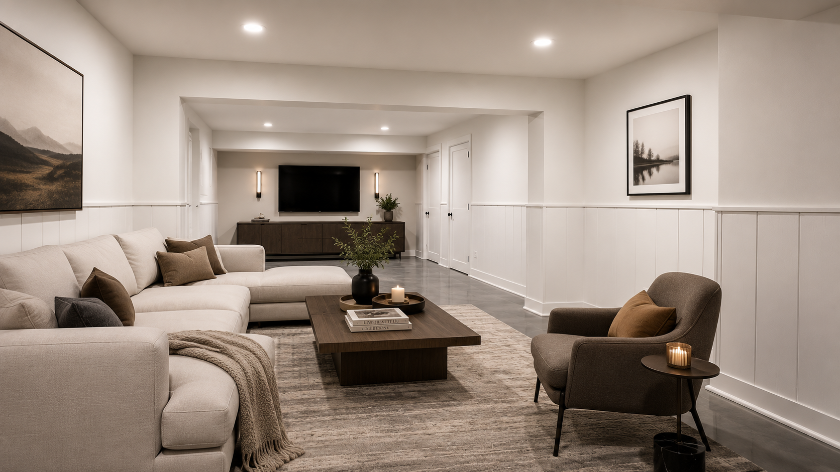 Glenview basement media room with coordinated paneling, flooring, and lighting