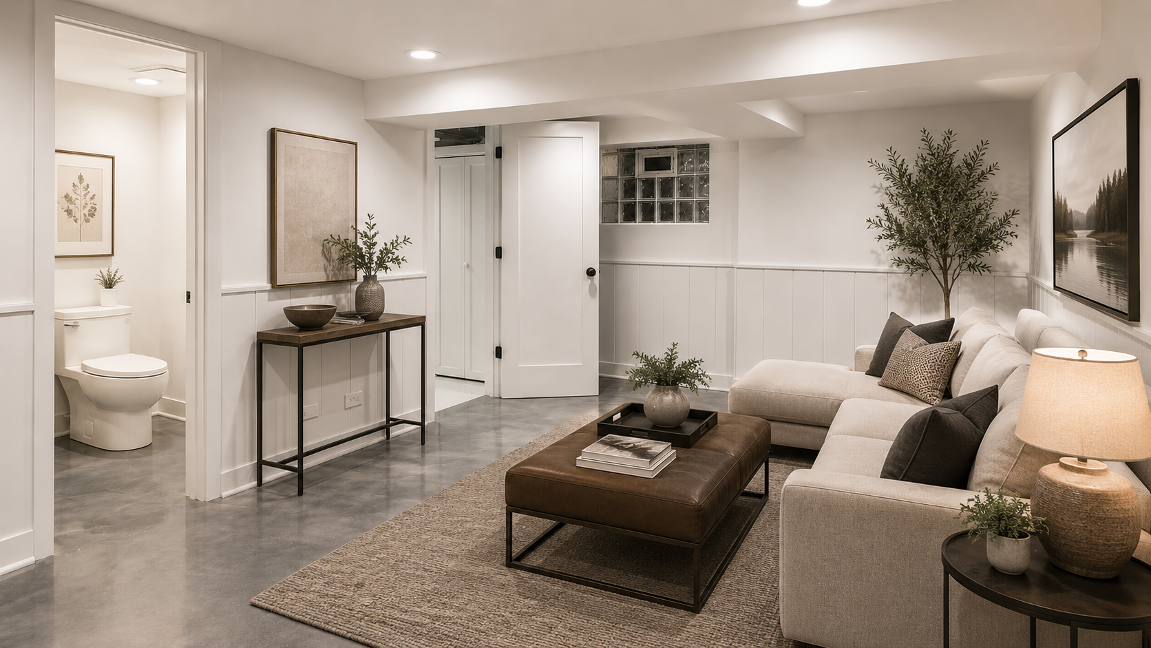 Finished Glenview basement with family room, bathroom, recessed lighting, and paneled walls