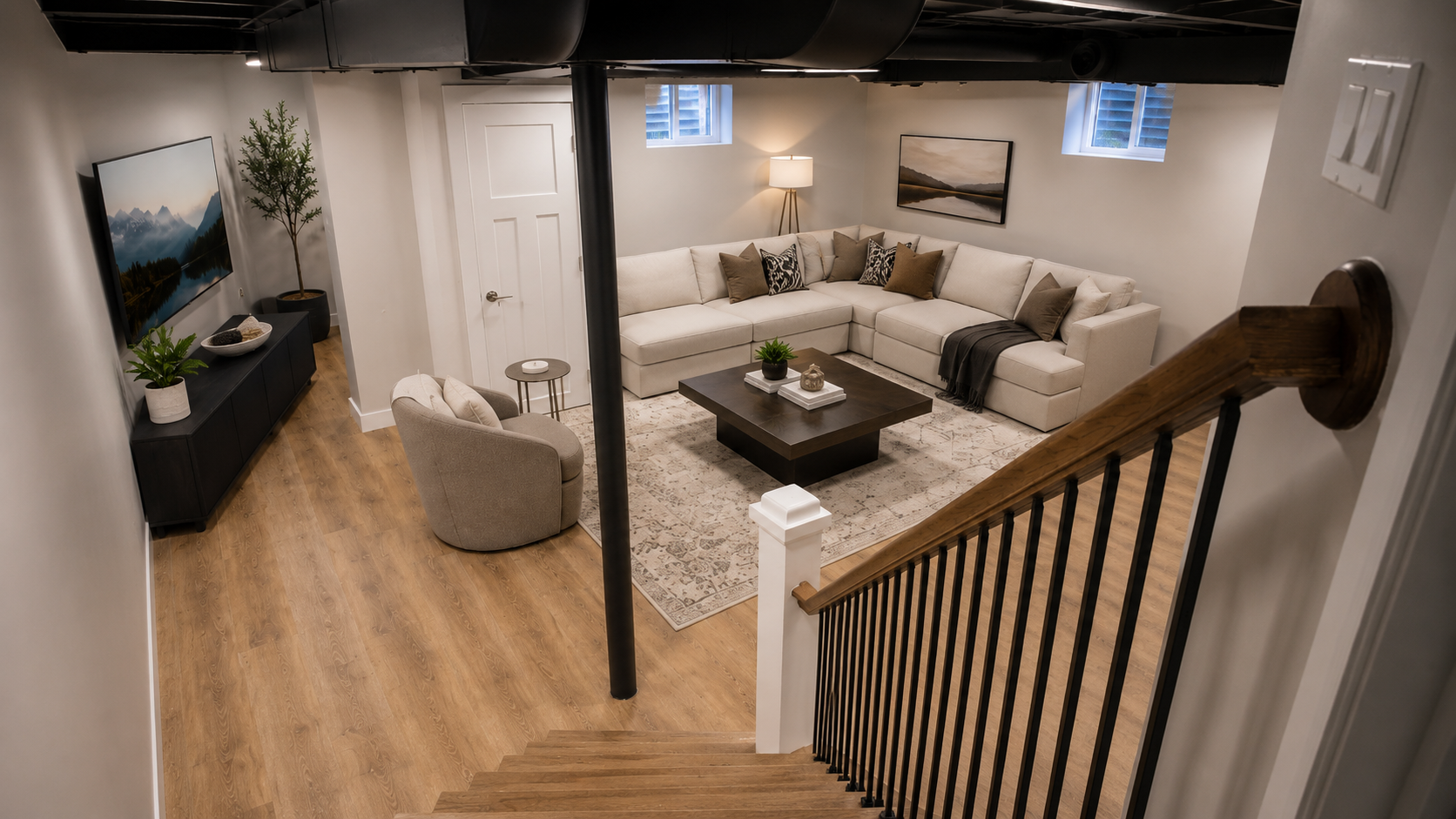 Finished Lake Forest basement remodel with open living area, oak staircase, and black open ceiling