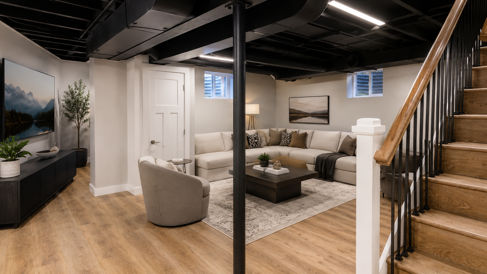 Lake Forest basement with refinished oak staircase and iron spindle railing