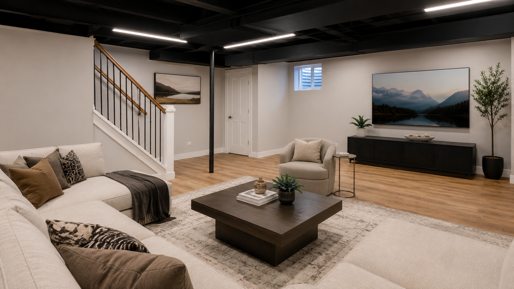 Lake Forest basement living room with open black ceiling and media wall