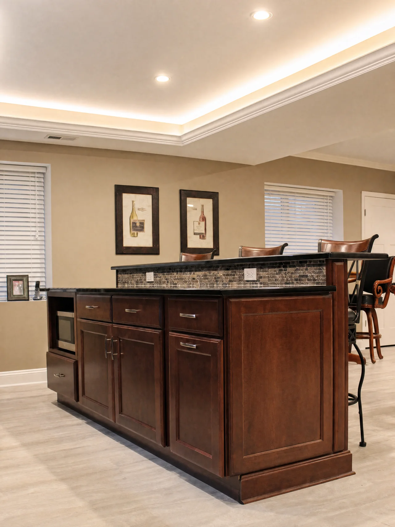 Vernon Hills basement wet bar with custom cabinetry and integrated lighting