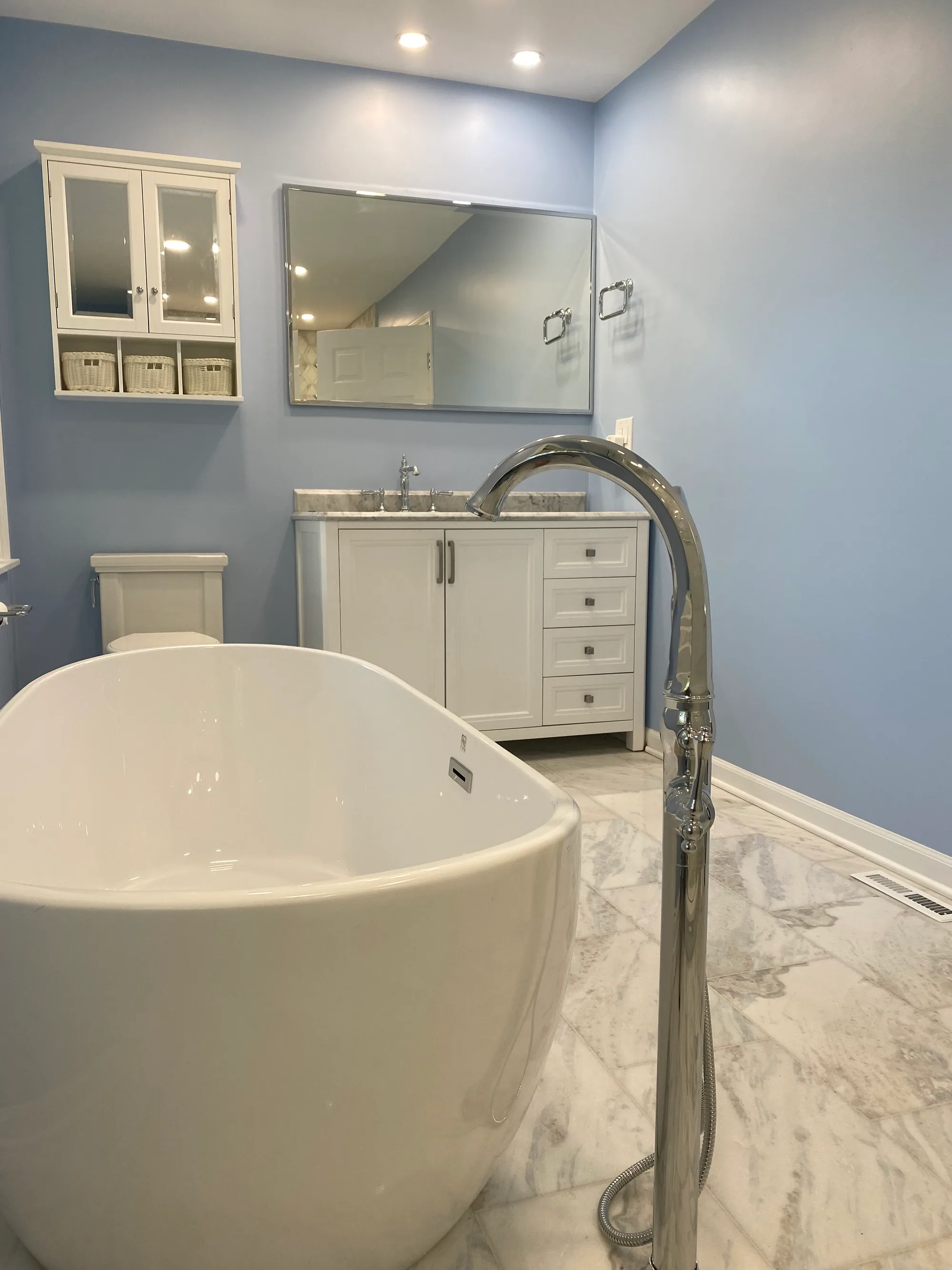 Lake Bluff bathroom: freestanding soaker tub with polished-chrome floor-mount filler beside walk-in shower