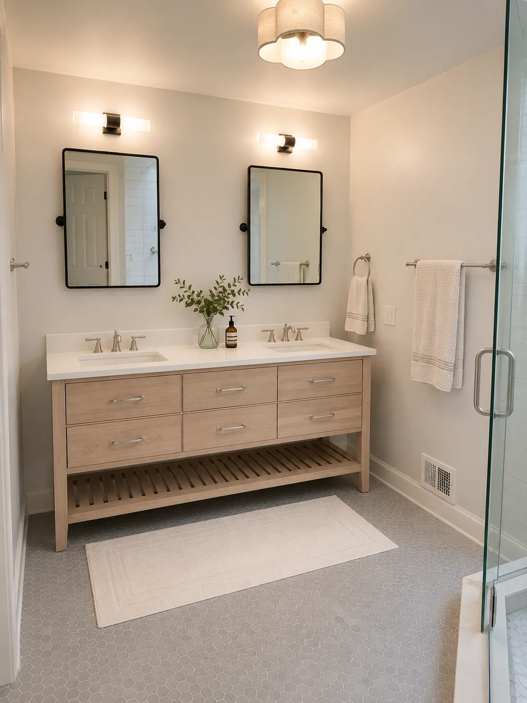 Completed Lake Bluff bathroom remodel with a custom white-oak double vanity and quartz countertop
