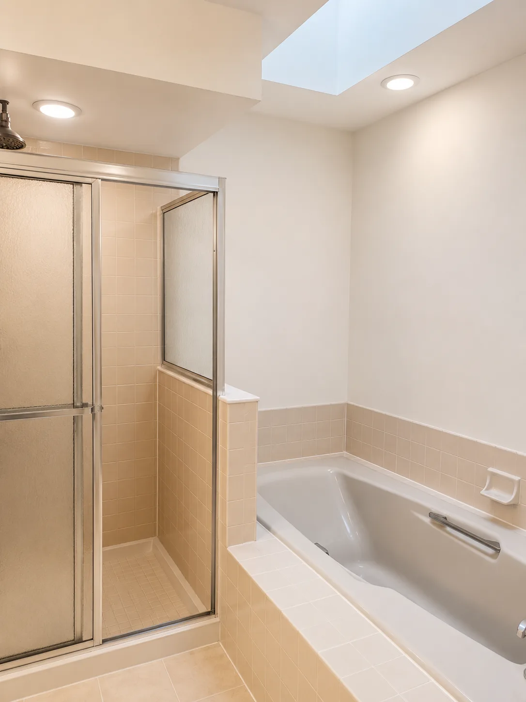 Original beige-tile bathroom with a framed shower enclosure and drop-in tub before the Lake Bluff remodel