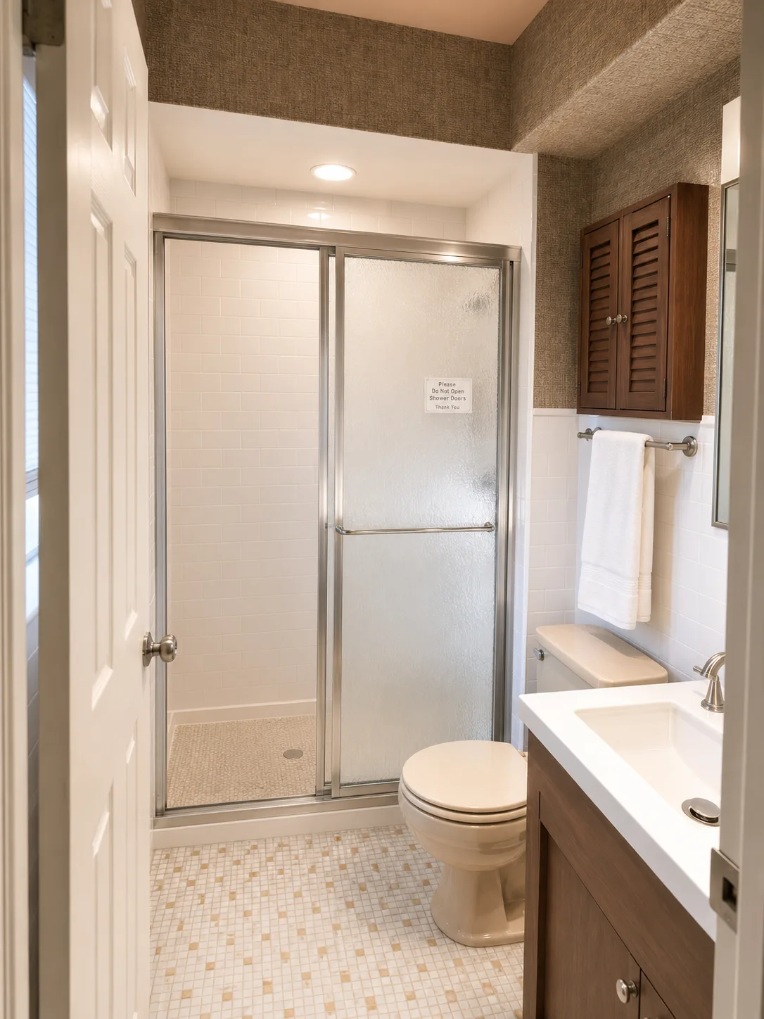 Glencoe Bathroom Remodel with Clear Glass Shower, White Tile and Updated Flooring before remodeling