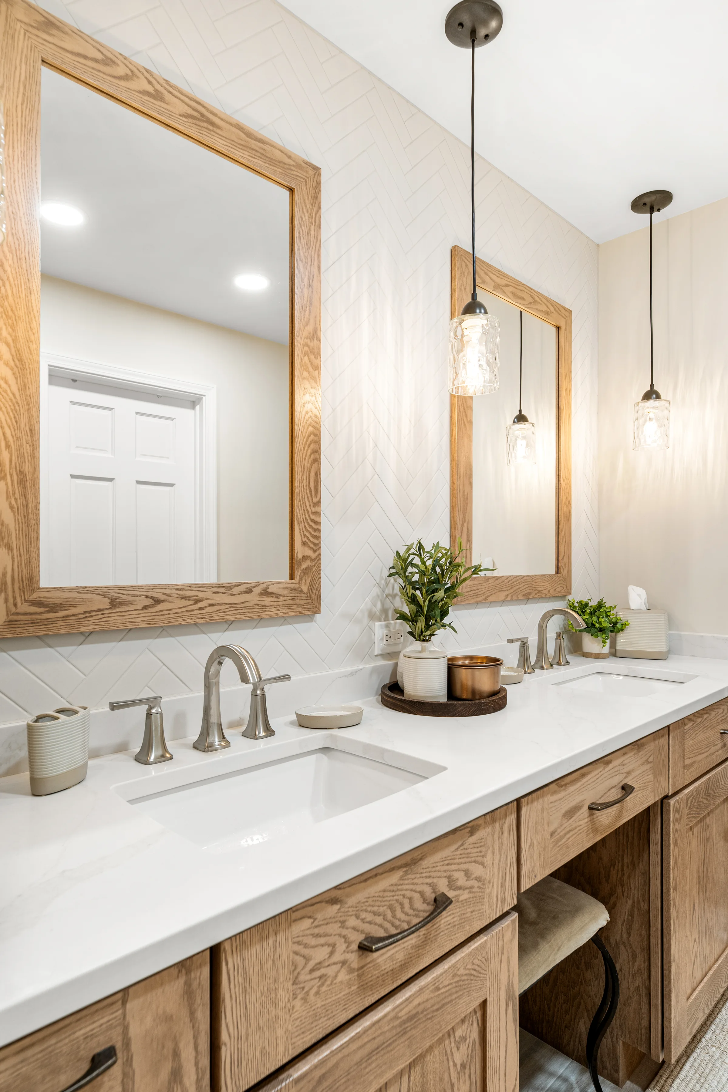 Lake Zurich bathroom remodel: herringbone tile shower wall detail