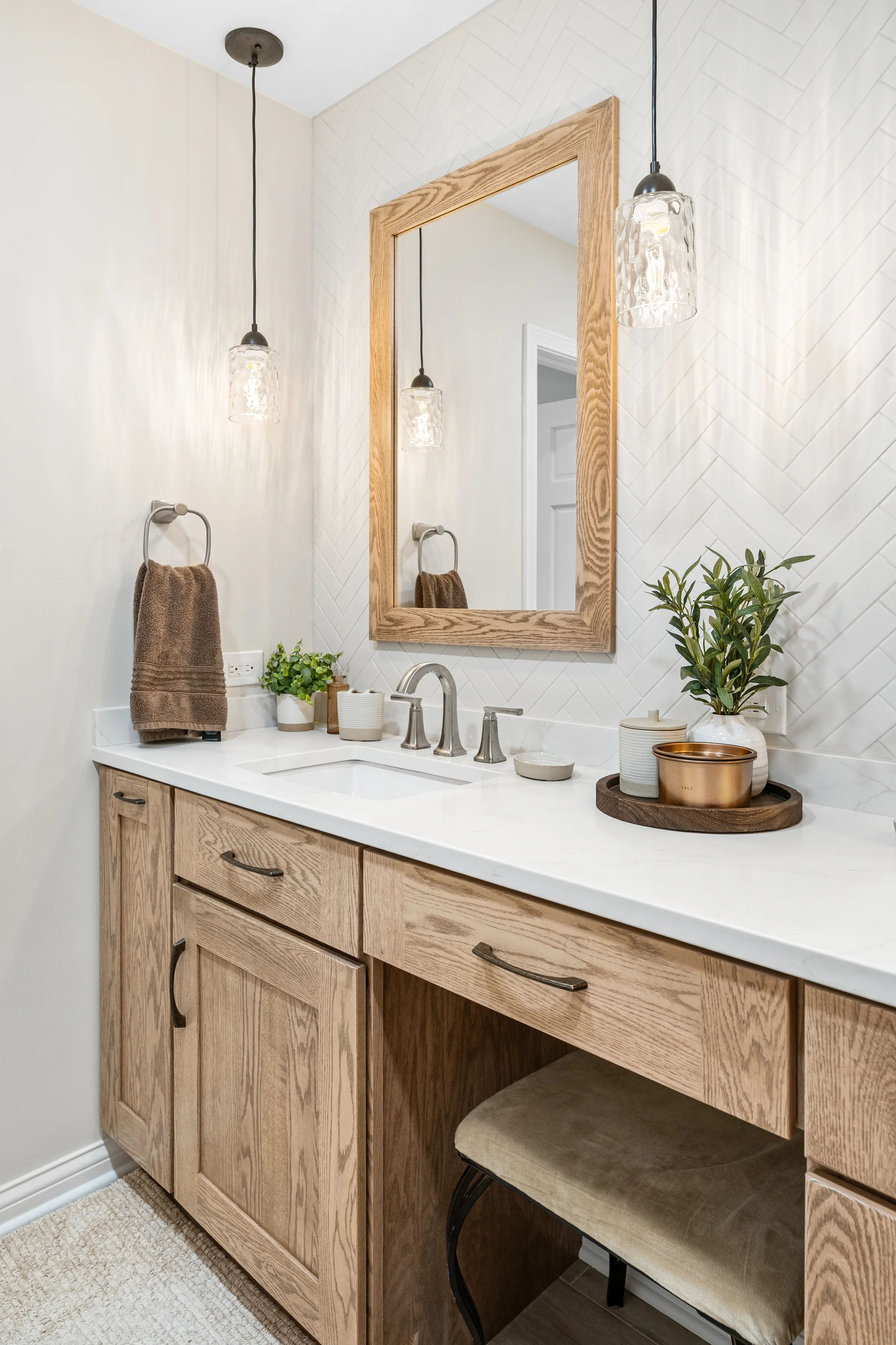 Lake Zurich bathroom remodel: wide view of vanity and shower
