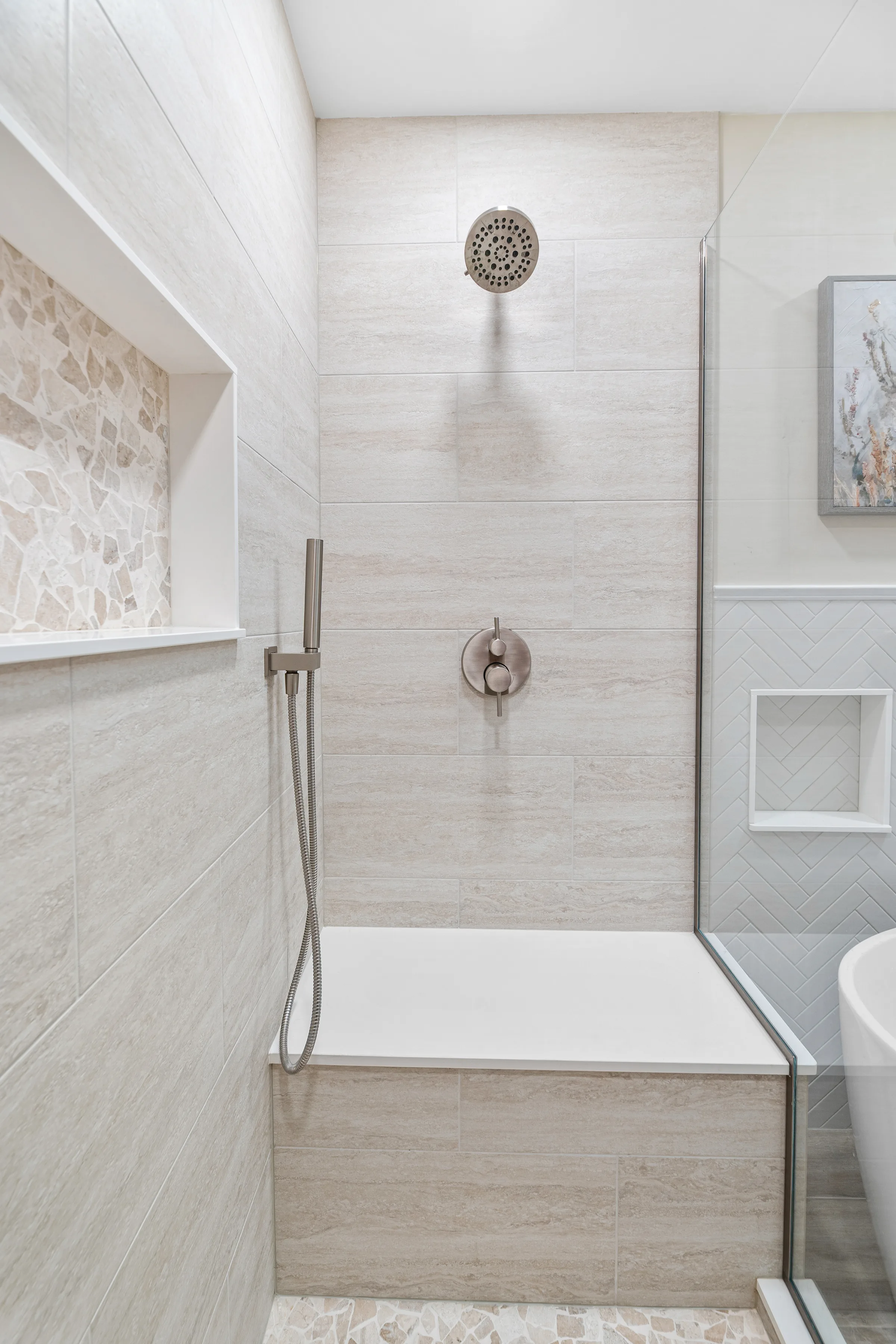 Lake Zurich bathroom remodel: wood-look plank flooring detail