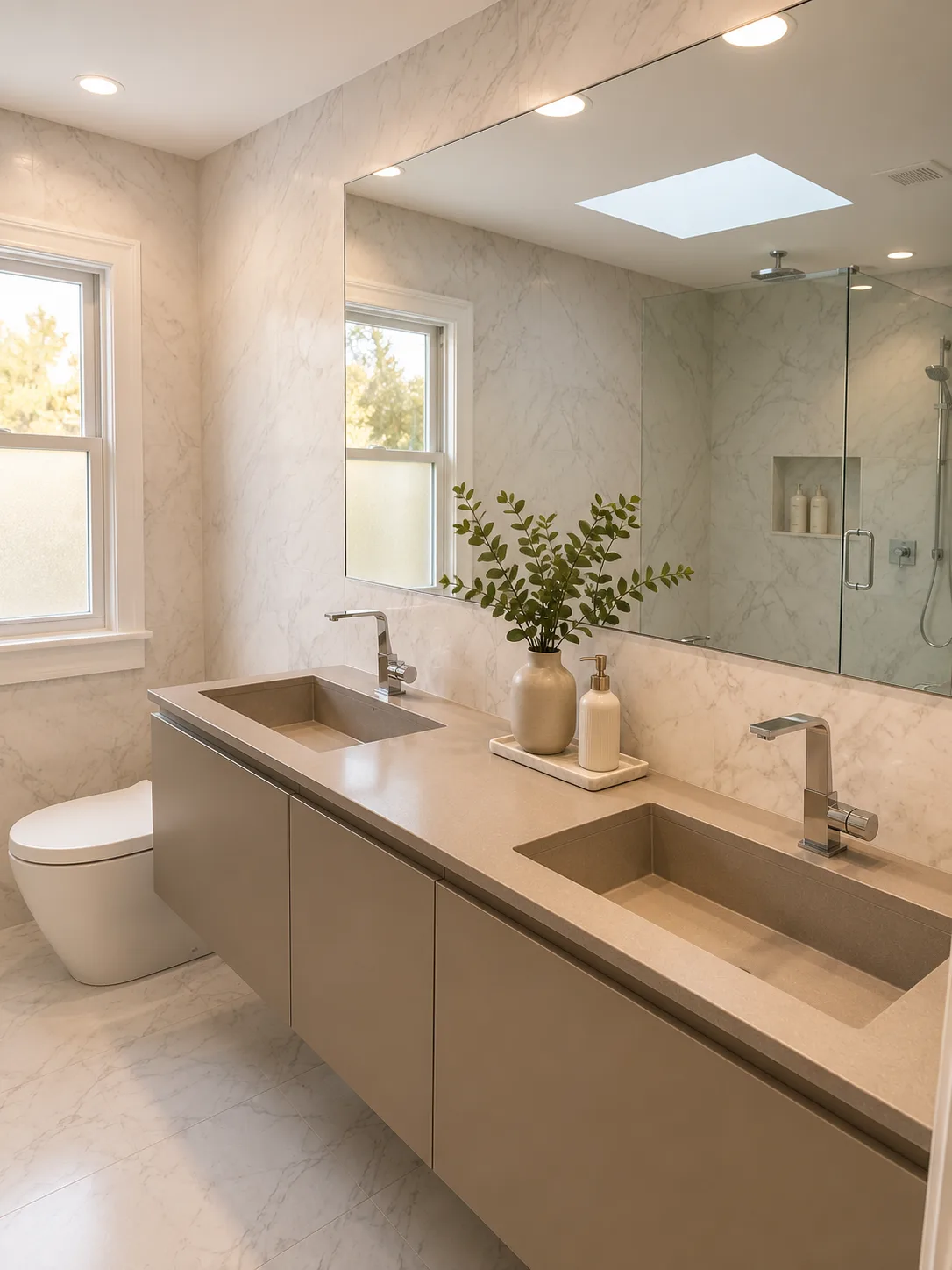 Lake Forest Curbless Marble Bathroom Remodel in Lake Forest, Illinois, after remodeling