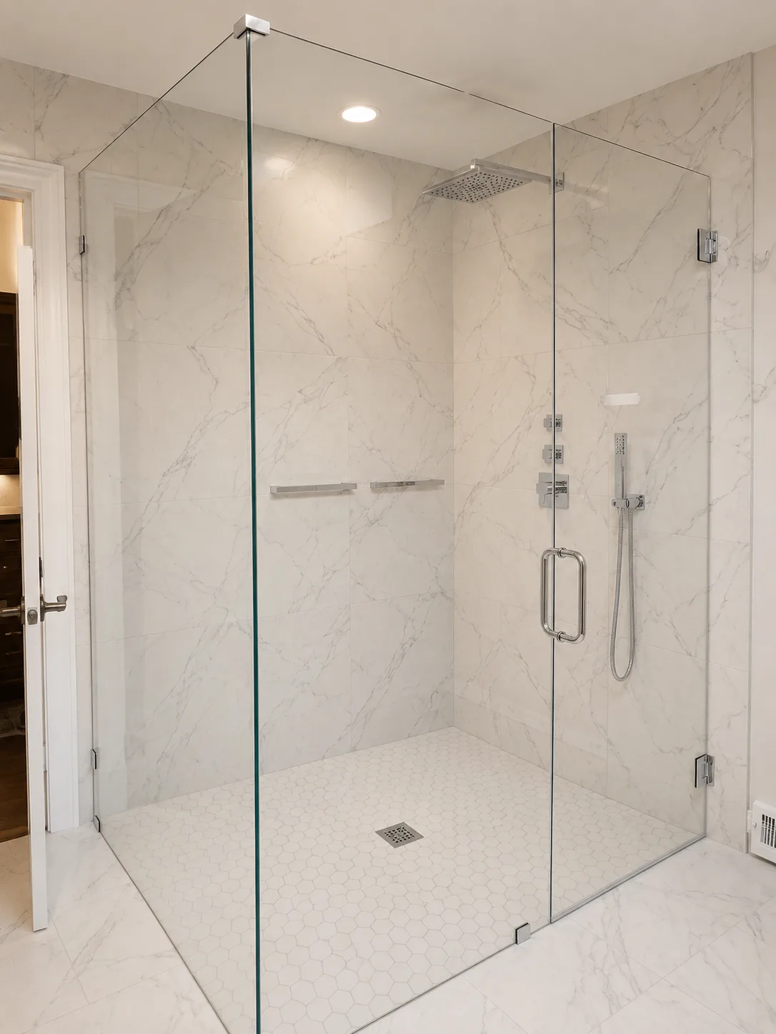 Lake Forest Curbless Marble Bathroom Remodel: after shower remodel lake forest