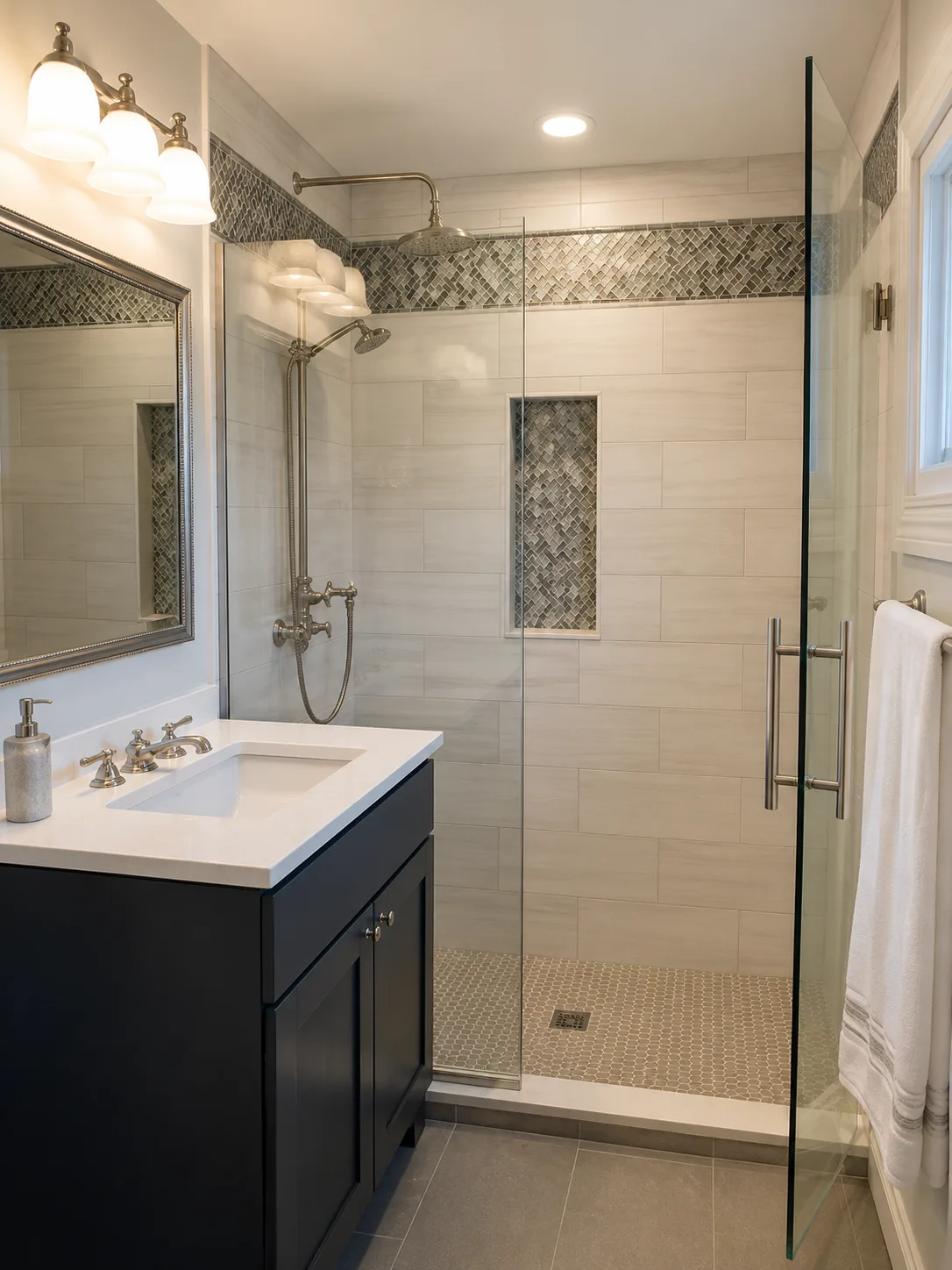 Completed lake bluff custom quartz bathroom remodel by Delta Remodels