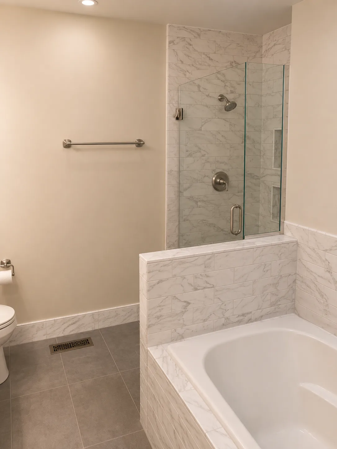 Lake Bluff Bathroom Remodel with Heated Floor, Freestanding Tub and Marble Tile before remodeling