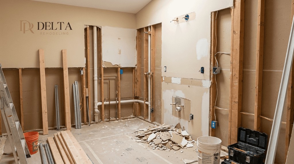 Kitchen demolition and renovation in progress — planning whether to stay home during a remodel