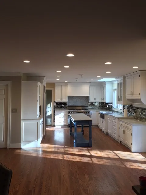 Lake Forest open-plan kitchen by Delta: white raised-panel cabinetry, navy painted island, dark tile backsplash, skylit vaulted ceiling