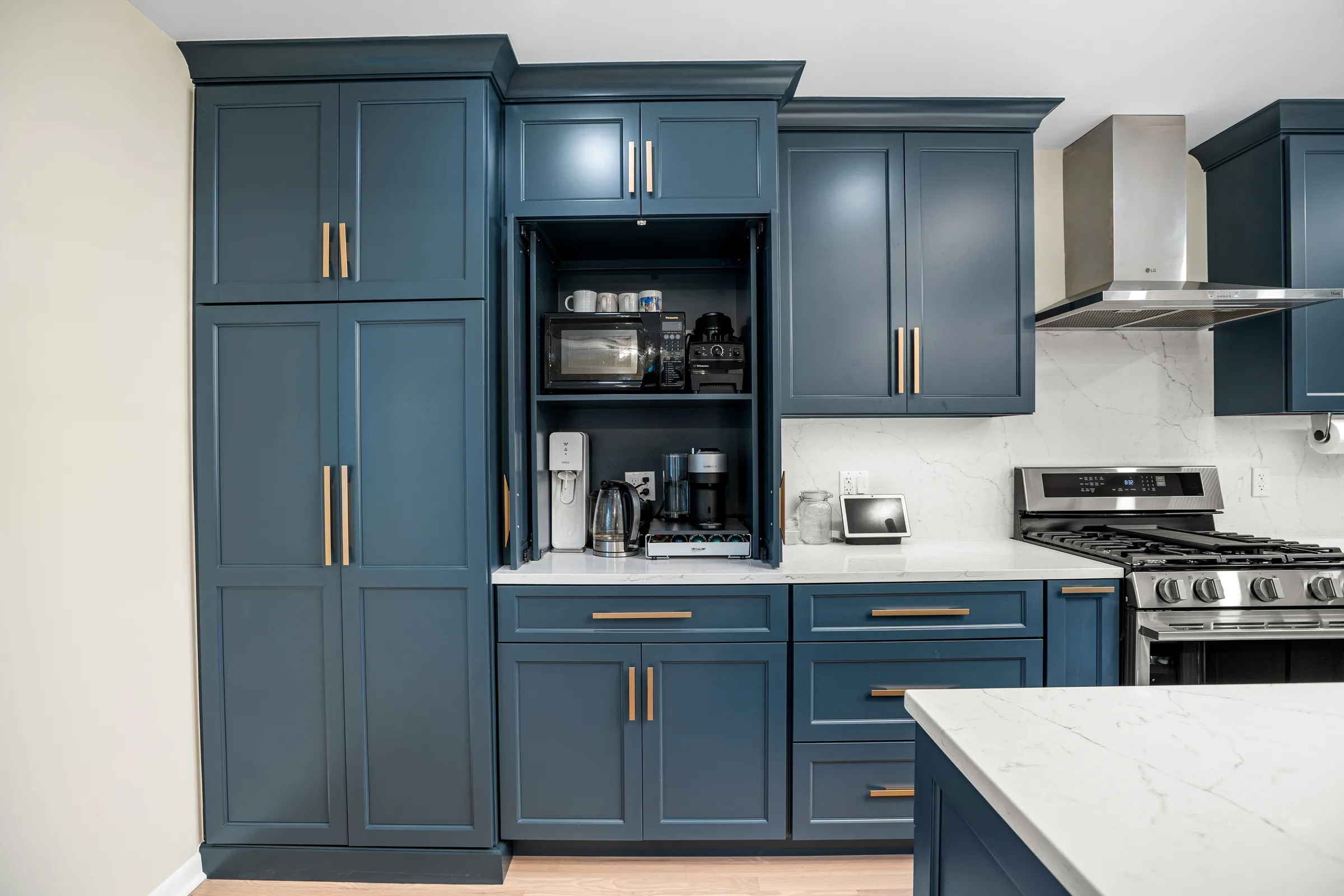 Lake Forest powder room remodel: frosted window and wood vanity