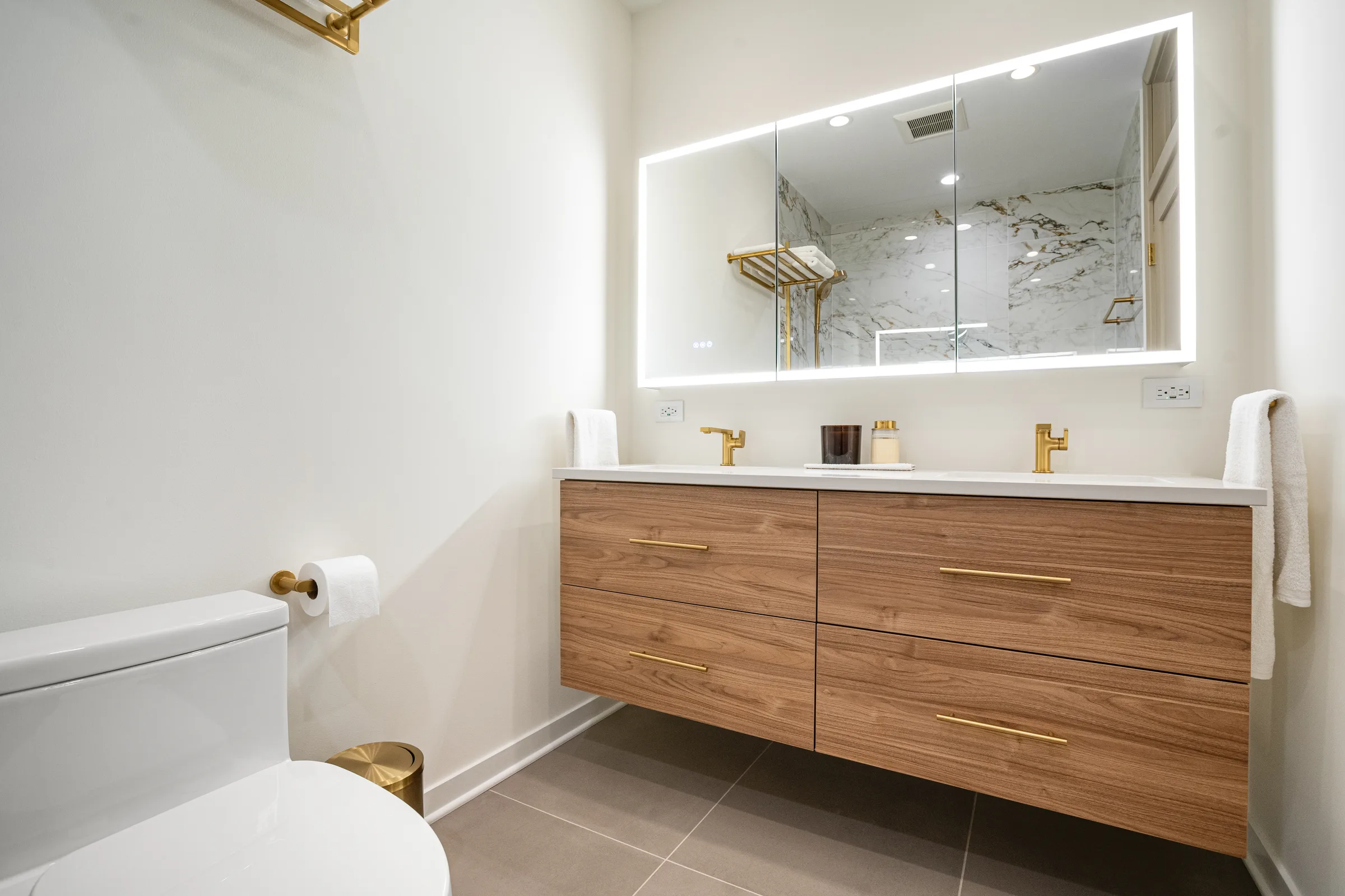 Lake Forest powder room remodel: wide finished interior view