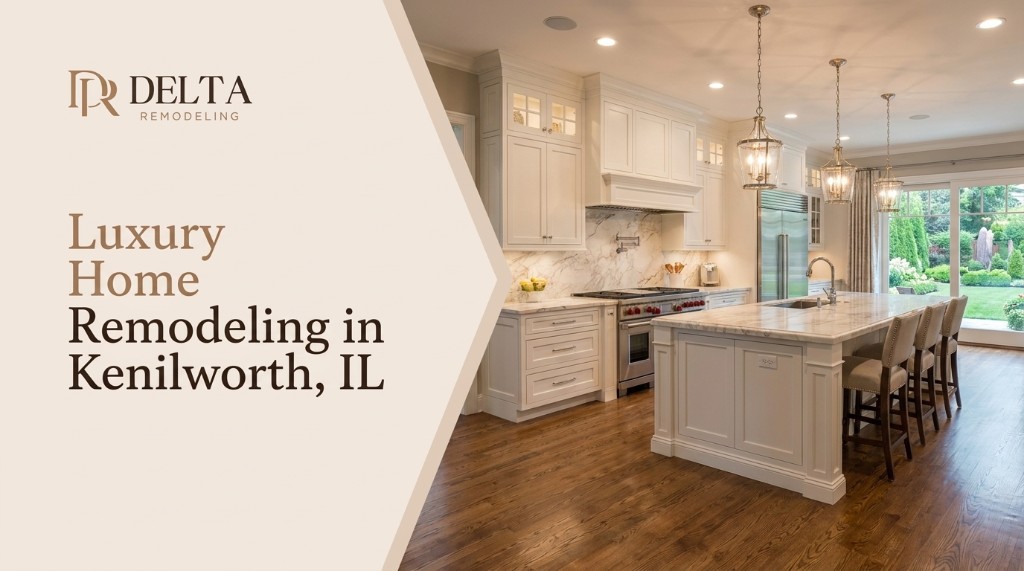 Luxury home remodeling in Kenilworth, IL — finished kitchen with white cabinetry, marble island, and brass fixtures by Delta Remodeling