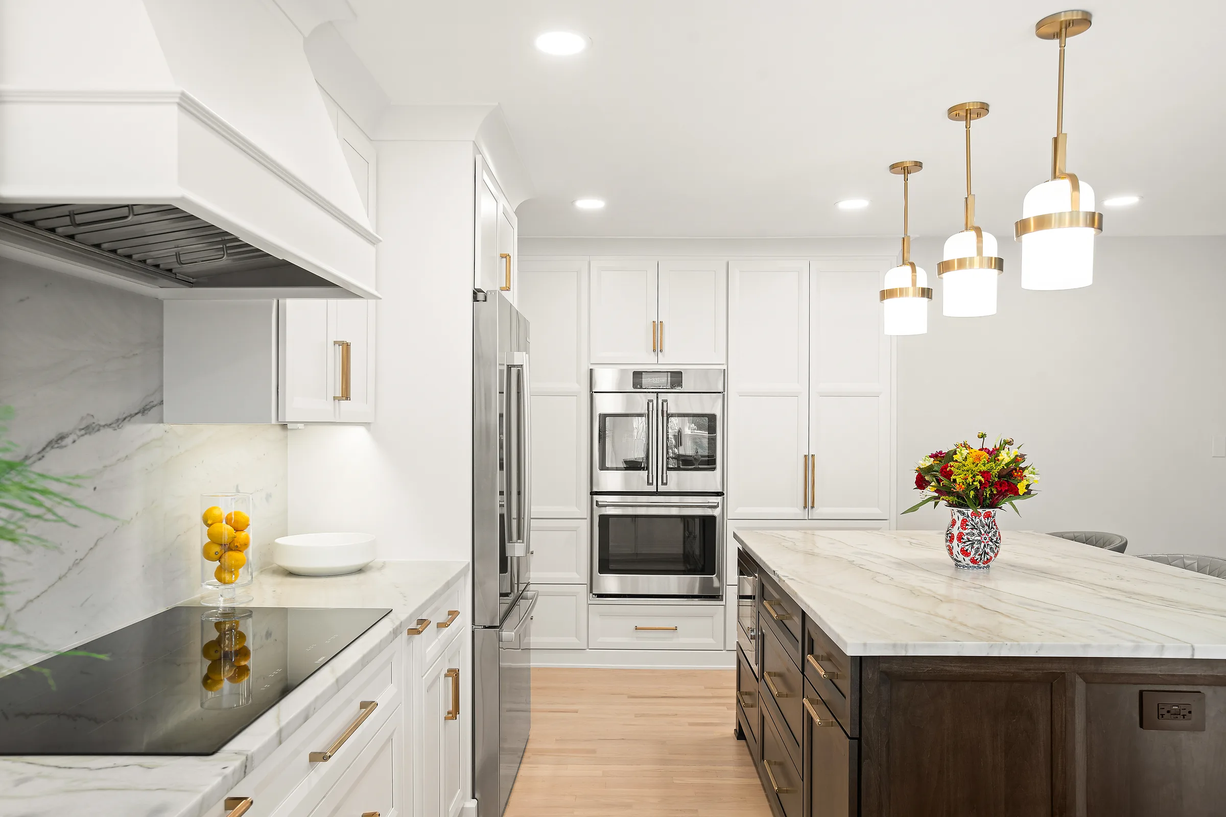 Glenview kitchen remodel: perimeter run with paneled appliances and marble counters