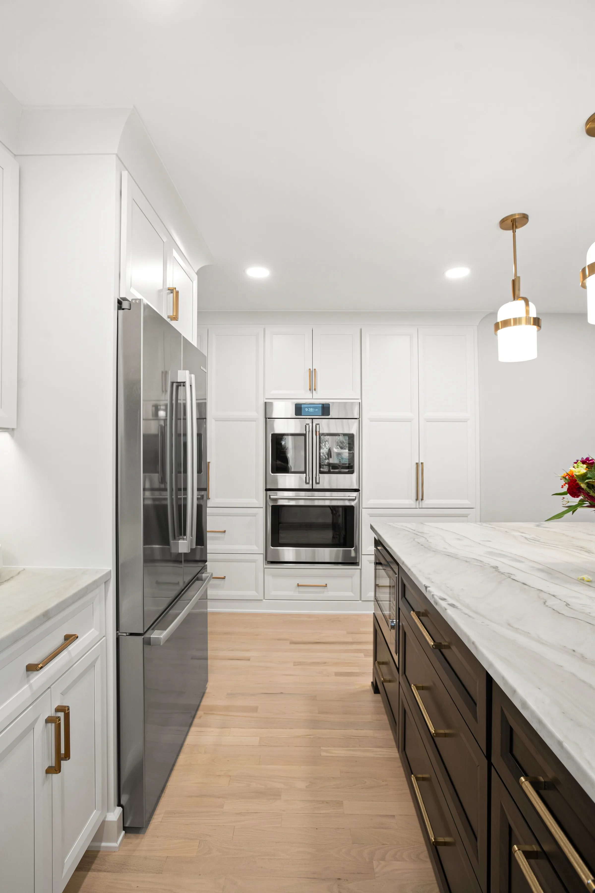 Glenview kitchen remodel: range wall and marble backsplash detail