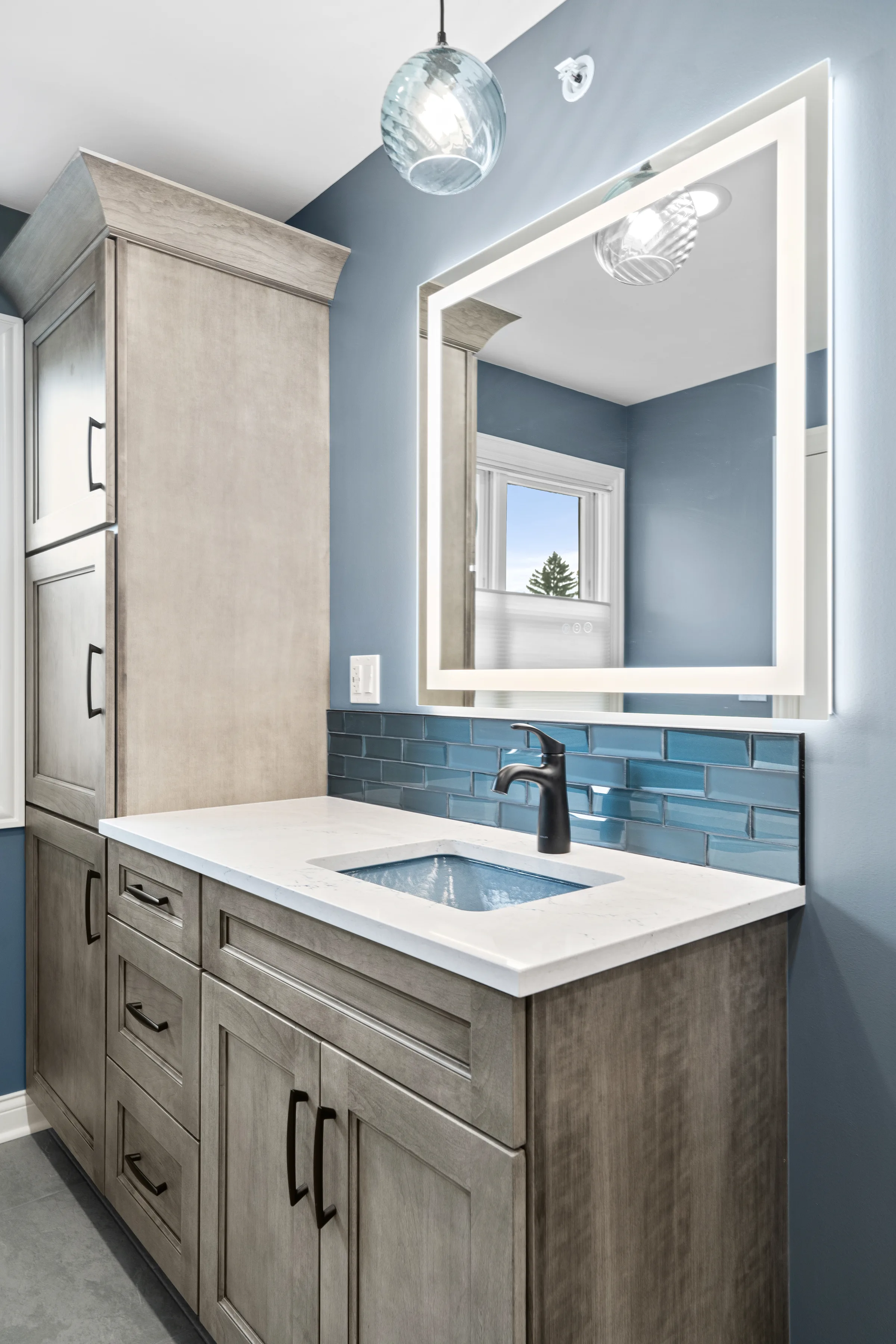 Mount Prospect spa bathroom: frameless glass shower with slate surround