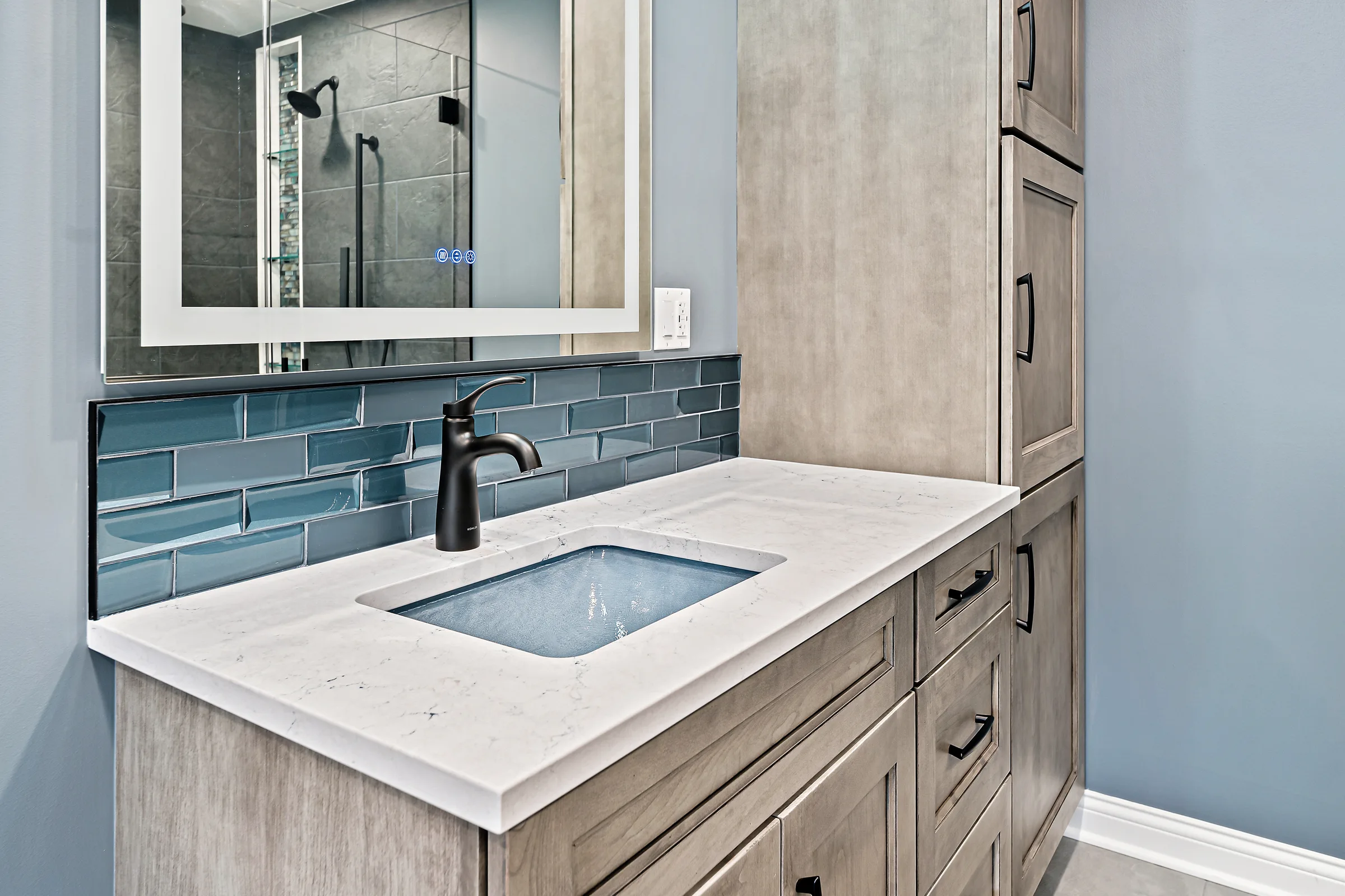 Mount Prospect spa bathroom: french door entry with slate surround