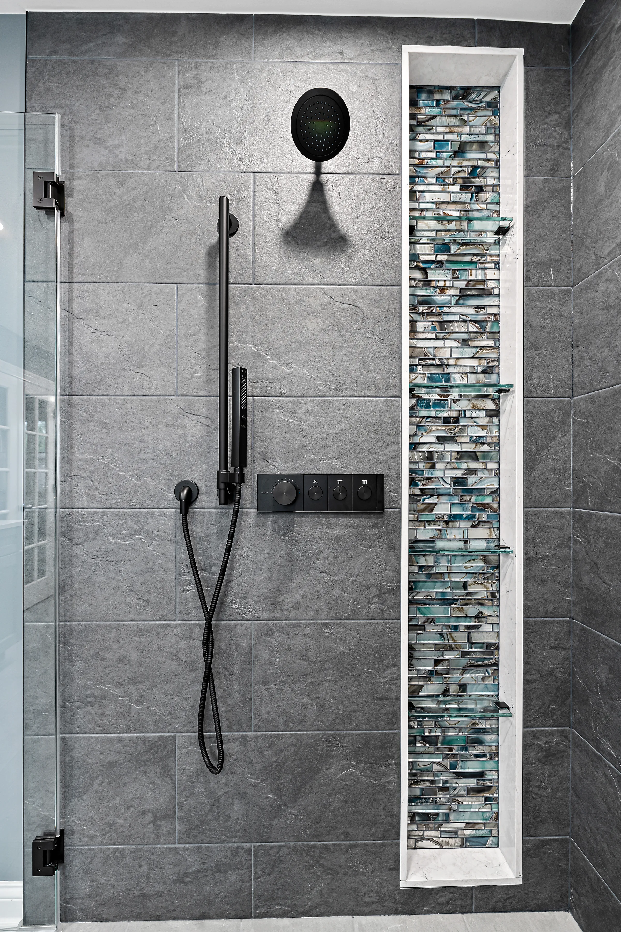 Mount Prospect spa bathroom: shower glass and hardware detail