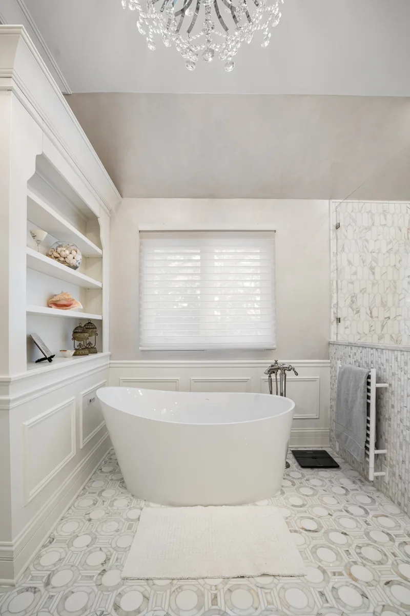 Lake Forest bathroom: freestanding tub with marble surround