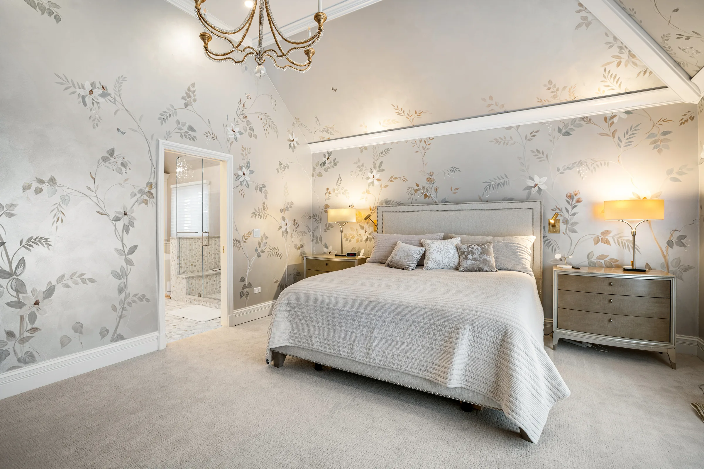 Lake Forest bathroom remodel: wide view of vanity wall and shower