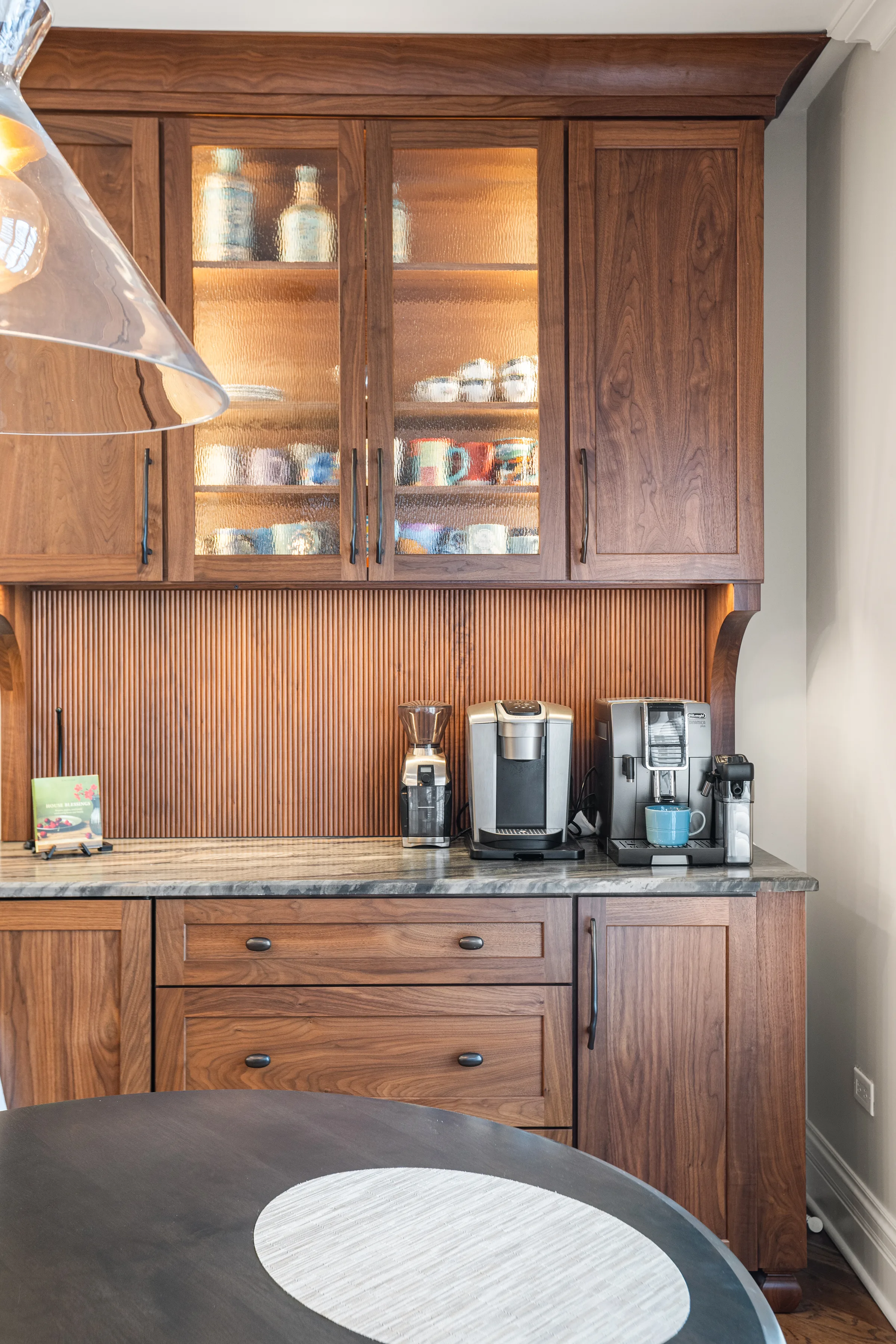 Lake Forest butler’s pantry: coffee service with dark stone counter