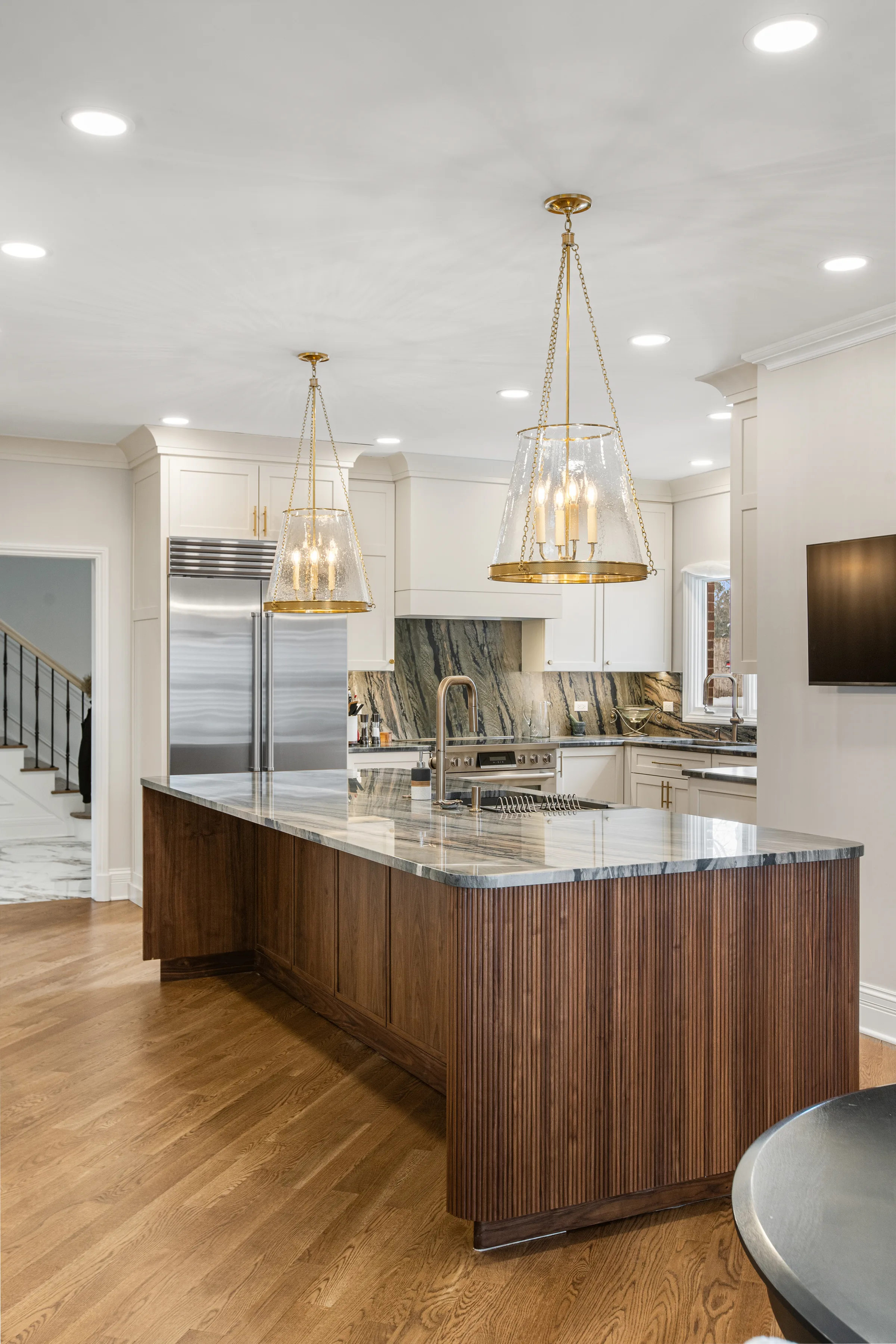 Lake Forest kitchen remodel: fluted walnut island hardware detail