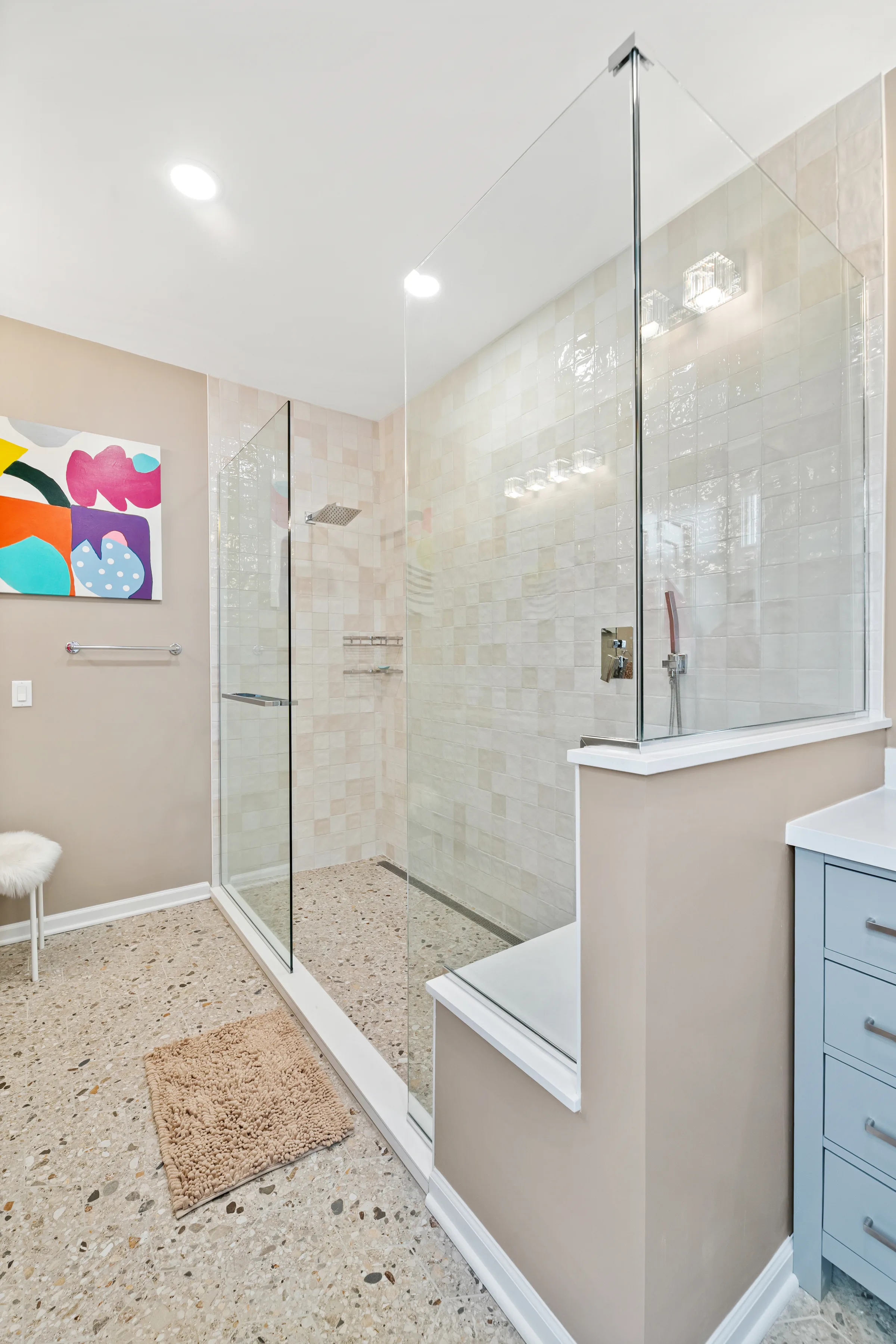 Northbrook bathroom remodel: walk-in glass shower with mosaic tile