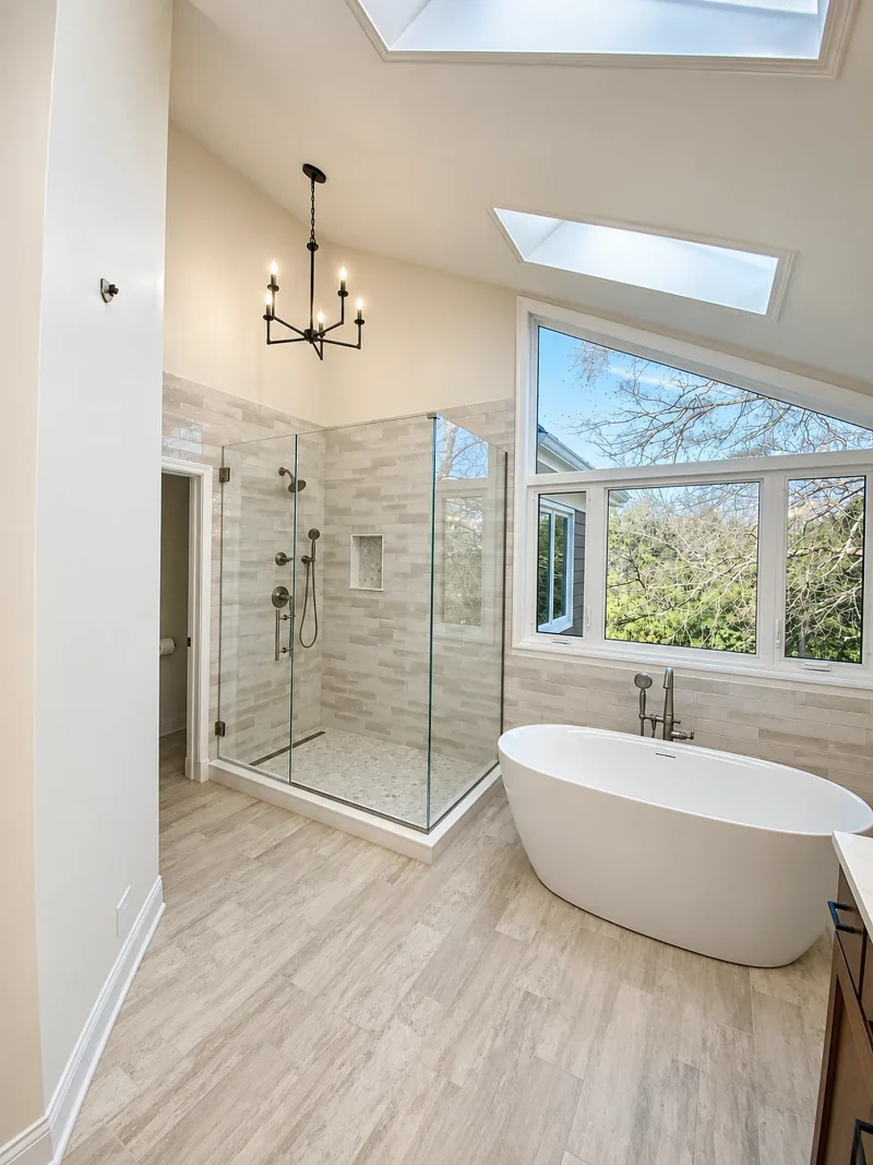 Primary bathroom with skylights, a freestanding tub under a large window, frameless glass shower and black chandelier