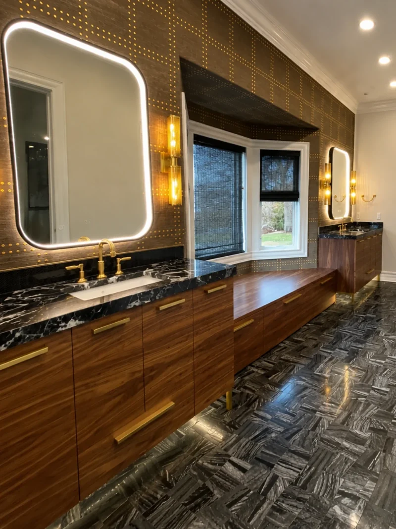 Primary bathroom with floating walnut vanities, black marble counters and floor, brass fixtures and backlit mirrors