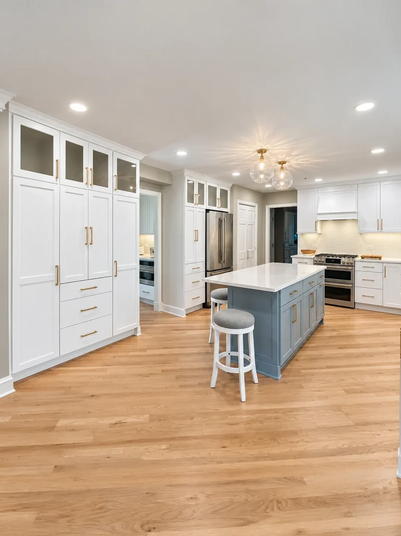 White kitchen with a floor-to-ceiling pantry wall, blue island with quartz top, brass hardware and glass globe pendants