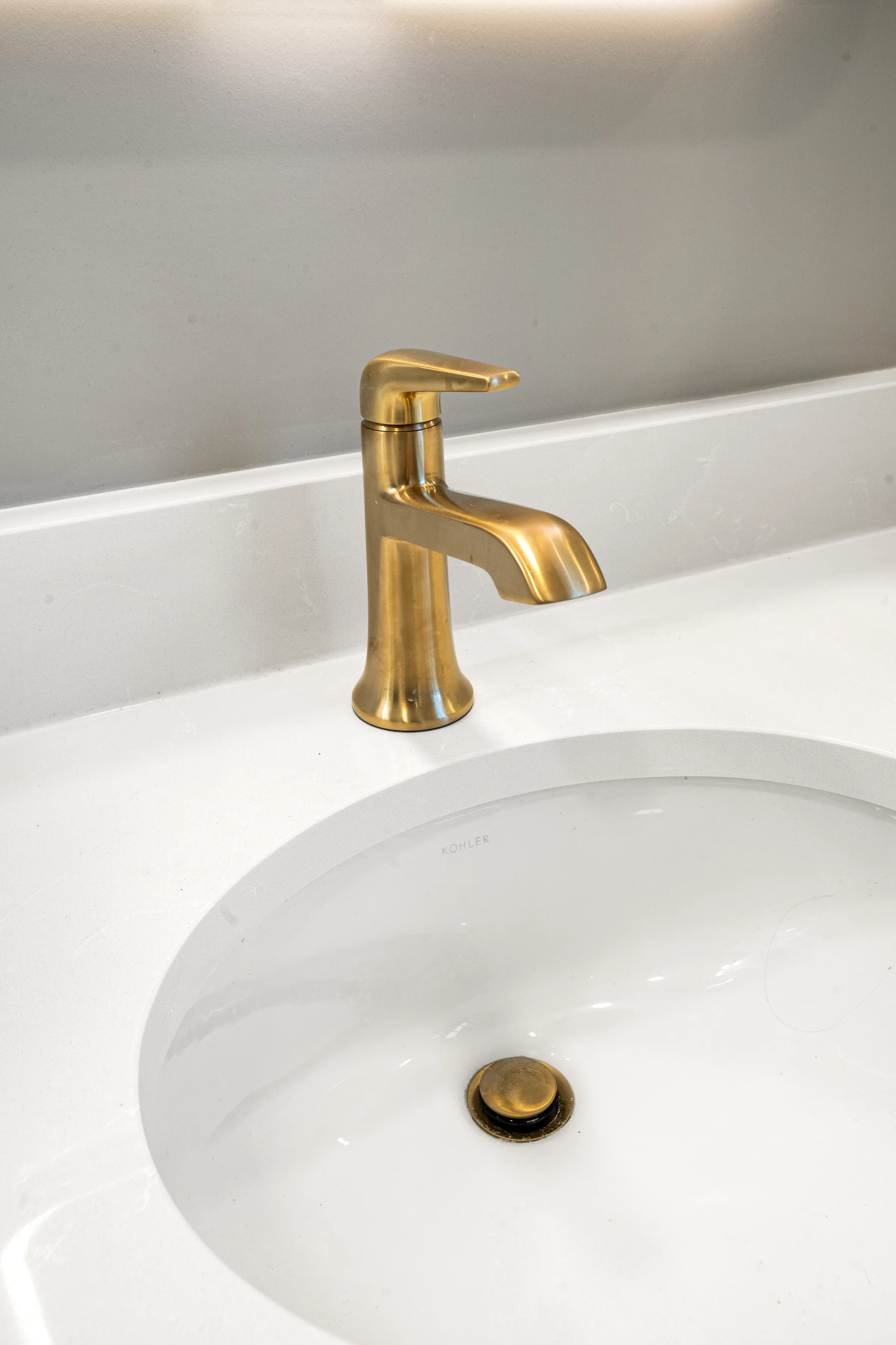 Lake Forest bathroom remodel: warm-wood vanity cabinetry detail with brass hardware